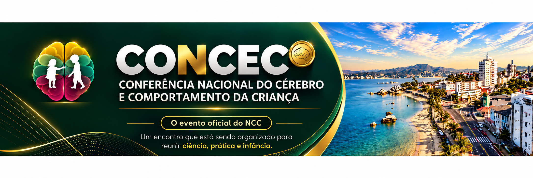 Identidade visual do CONCEC, com cérebro ilustrado, crianças e paisagem litorânea